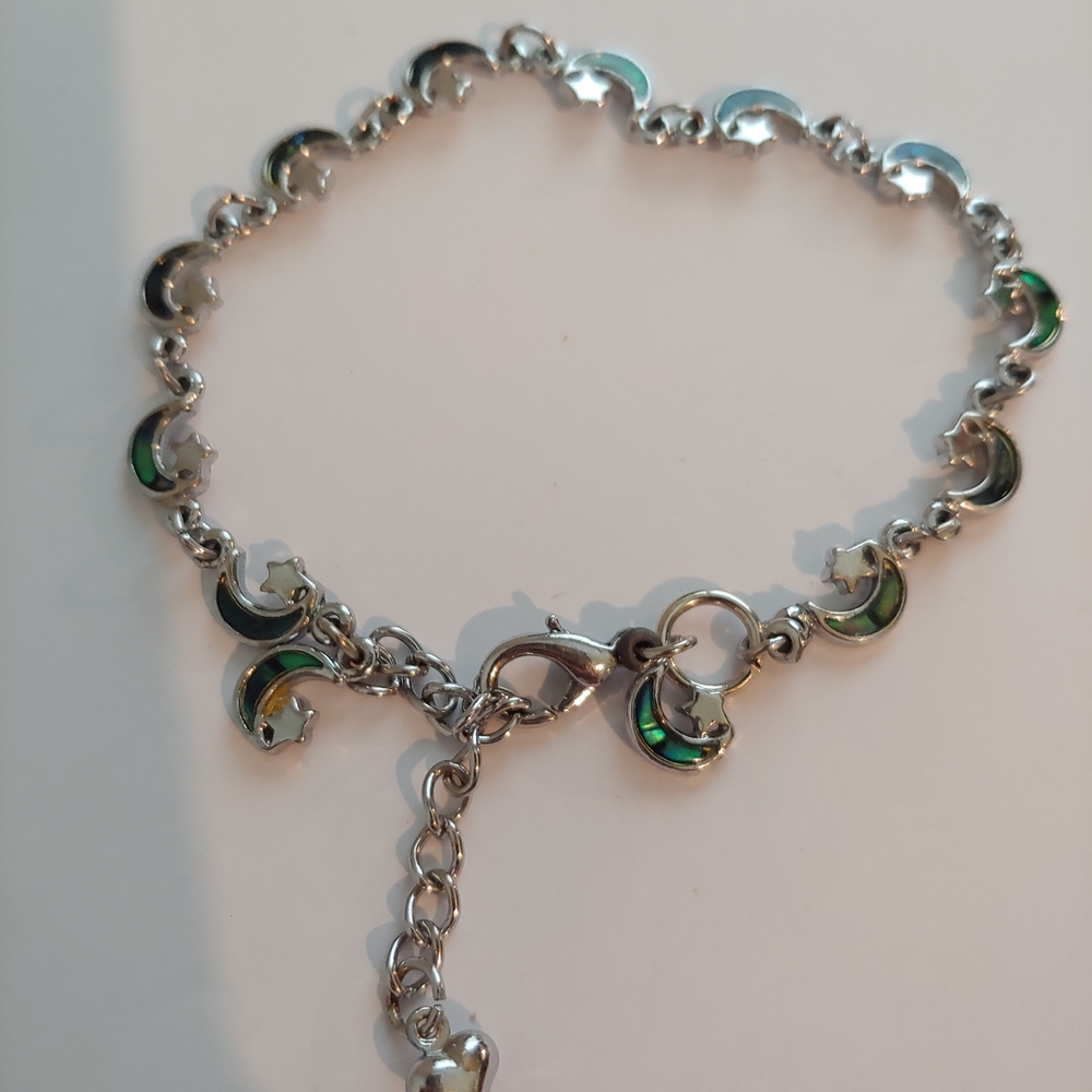 Stainless Steel Crescent Moon Green Abalone Mother Of Pearl Bracelet/Anklet 9"L